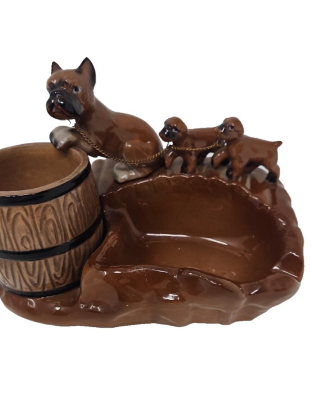 Vintage 1950s Boxer Dog Pups on Chain Figural Barrel Ashtray Bowl Chase Japan